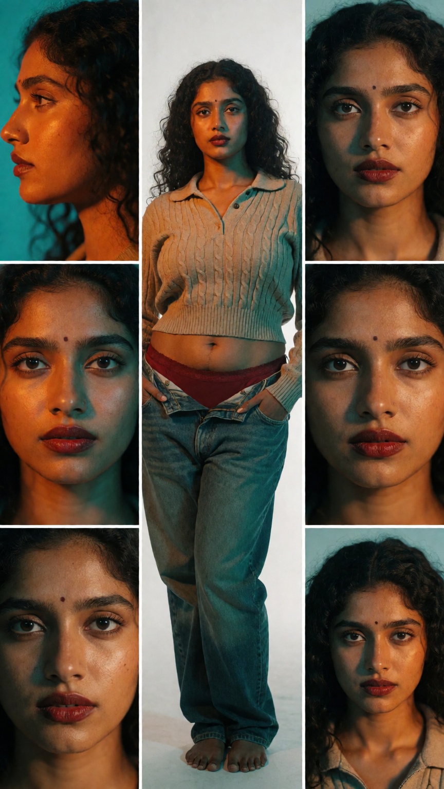 An ultra-realistic photoshoot of a gorgeous 20-year-old young mallu lady with dark skin. She wears dark red lipstick and a...