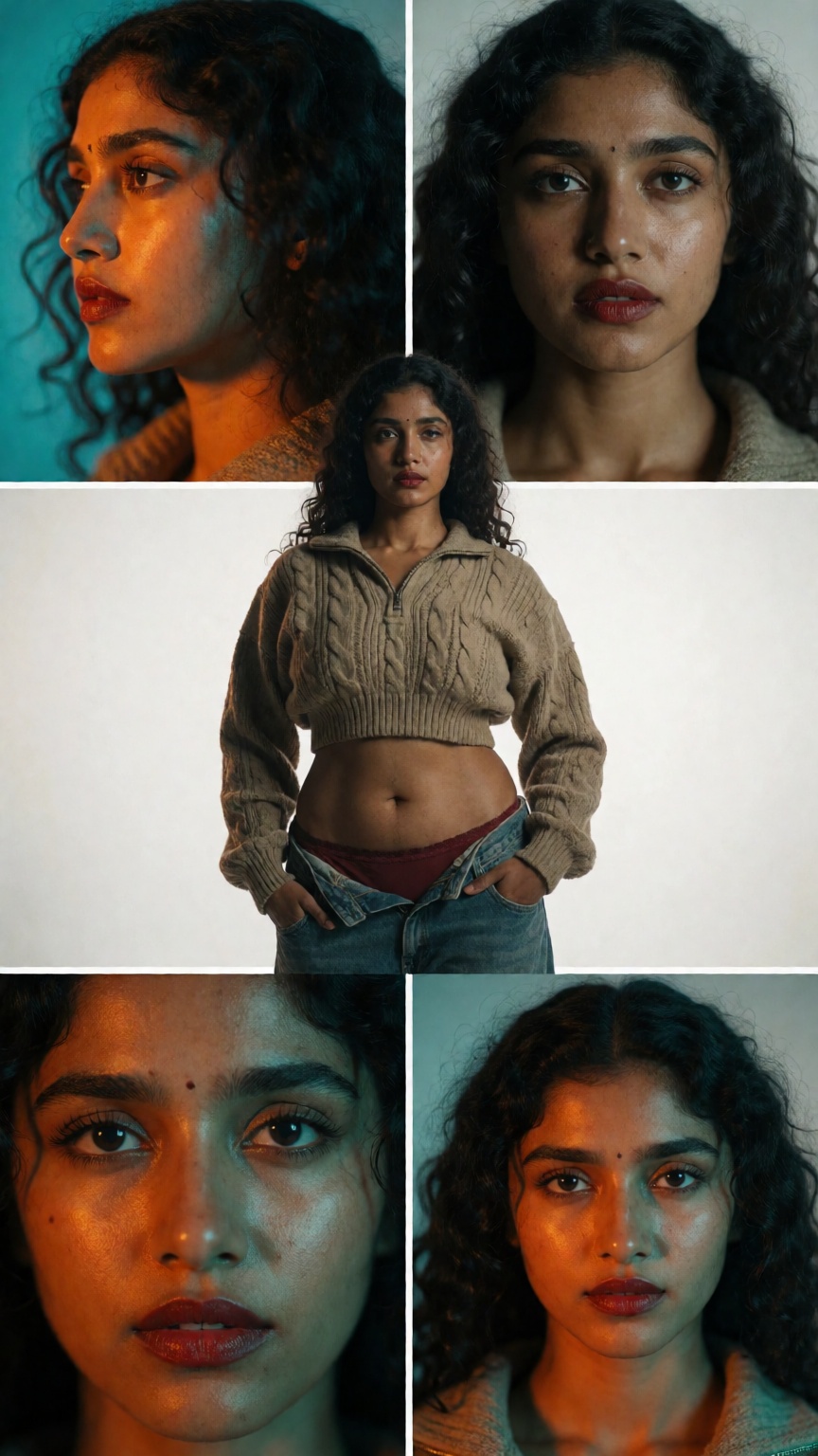 An ultra-realistic photoshoot of a gorgeous 20-year-old young mallu lady with dark skin. She wears dark red lipstick and a...