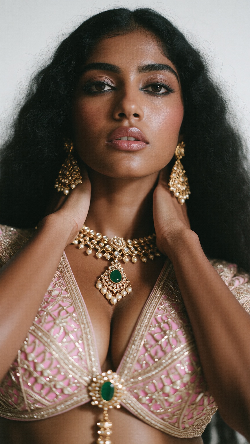 Low angle photograph of a Mallu woman,  with an hourglass figure and perfect body structure,  standing in a seductive pose...
