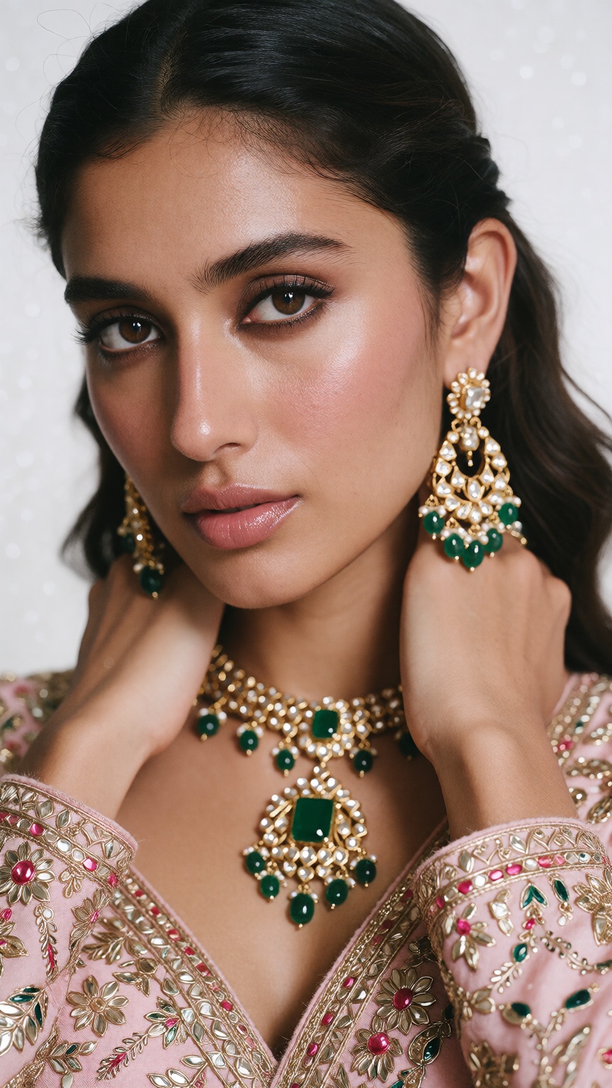 Photograph of a young South Asian woman with medium skin tone and long,  dark brown hair pulled back. She has almond-shape...