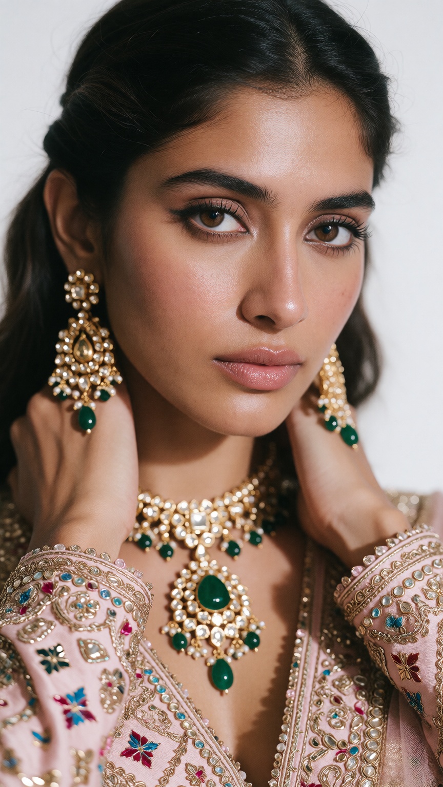 Photograph of a young South Asian woman with medium skin tone and long,  dark brown hair pulled back. She has almond-shape...