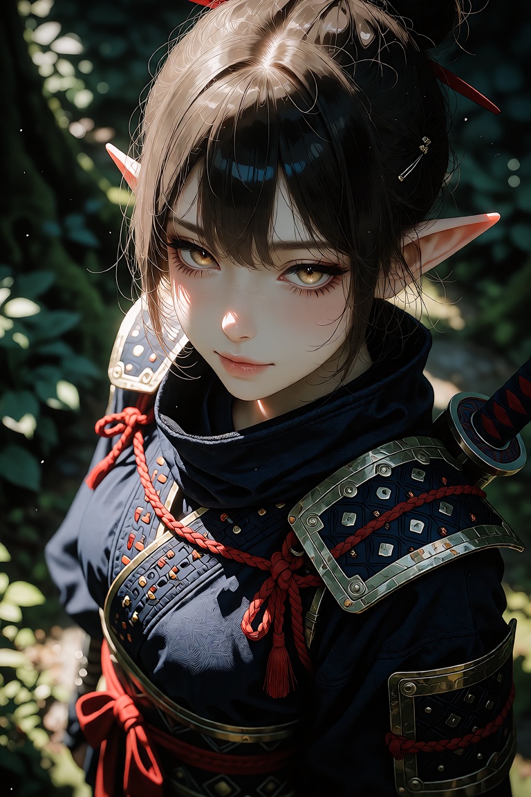 A beautiful young elven ninja,  clad in navy shinobi shozoku with a red sash,  stands confidently in a beautiful forest la...