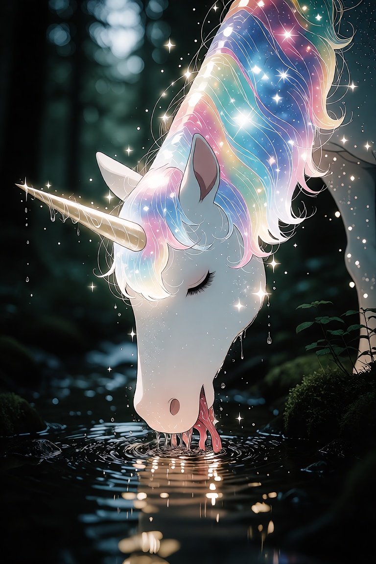 A sparkling cartoon unicorn with a rainbow mane is gently drinking from a real forest stream. The quiet atmosphere and glo...