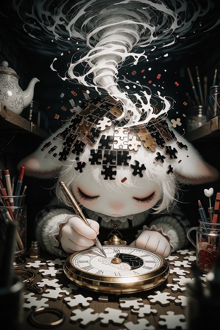A close-up of Myral painting a pocket watch with a tornado swirling in the background,  a teapot on a shelf,  and a puzzle...