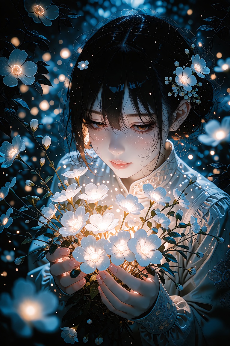 The image depicts a young girl surrounded by floating lanterns and blooming flowers. The girl has dark hair and is wearing...