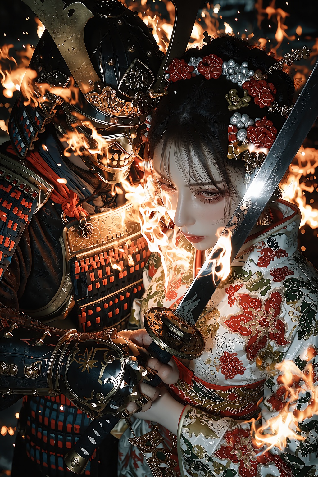 A man in traditional Japanese old armor wielding a katana stands amidst a battlefield engulfed in flames. Beside him,  a w...