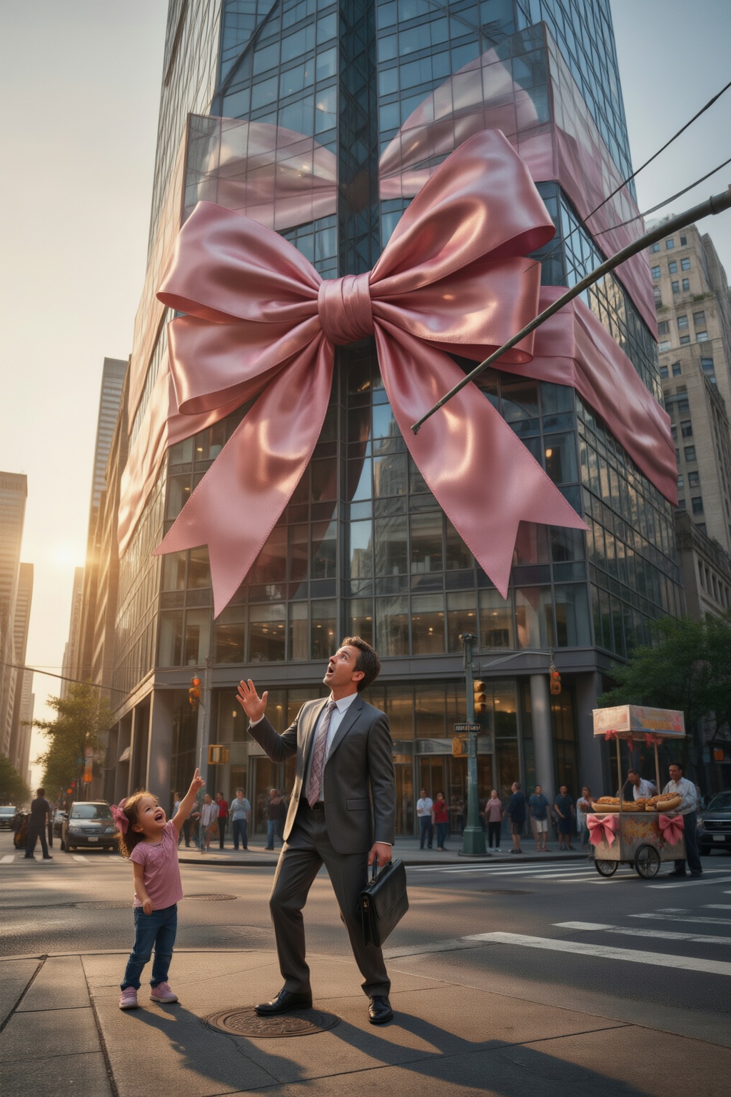 Realistic style. A towering glass skyscraper stands in the center of a busy city street,  viewed from a low angle. A colos...