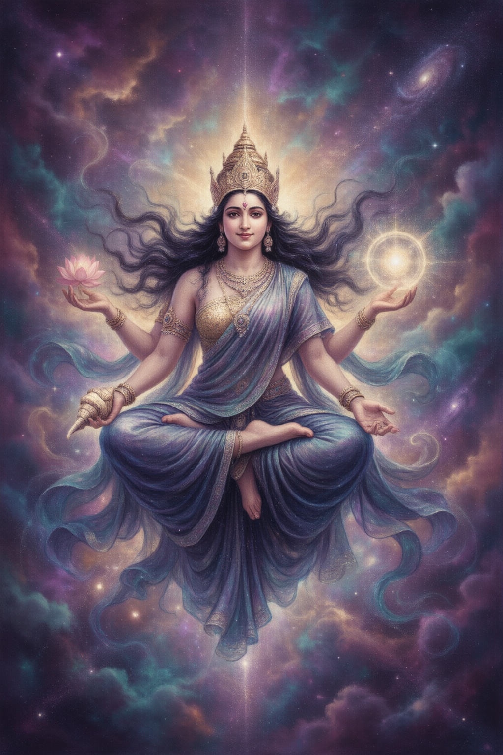A radiant Hindu goddess-inspired figure floating in a seated lotus position facing directly forward,  suspended among swir...