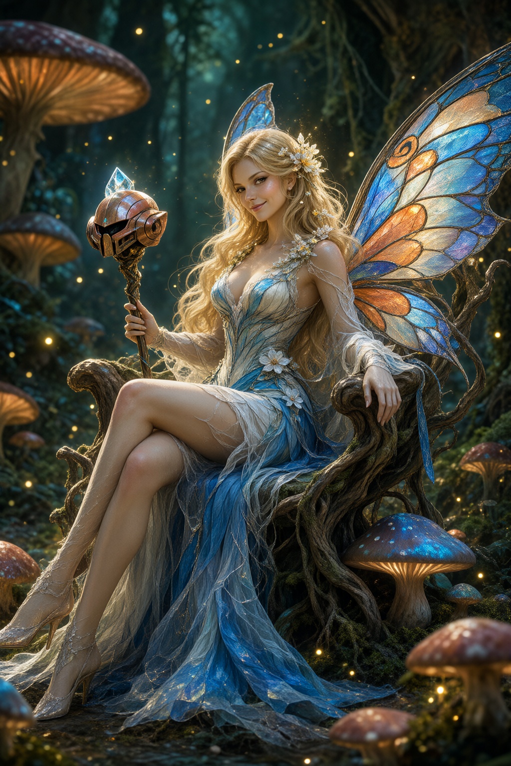 A medium shot of Samus Aran as a fairy queen sitting on a throne made of twisted roots and glowing mushrooms. She wears a...