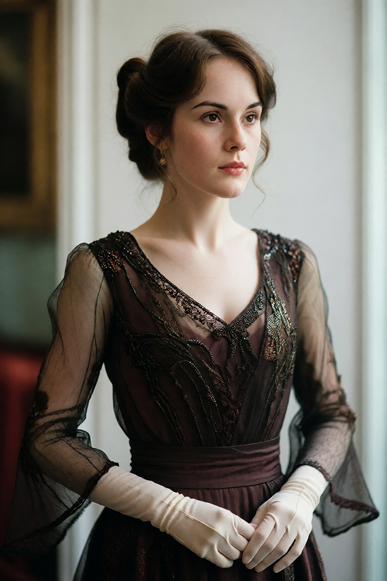 A portrait of a refined woman reminiscent of early 20th-century elegance,  wearing a sophisticated Edwardian-style evening...
