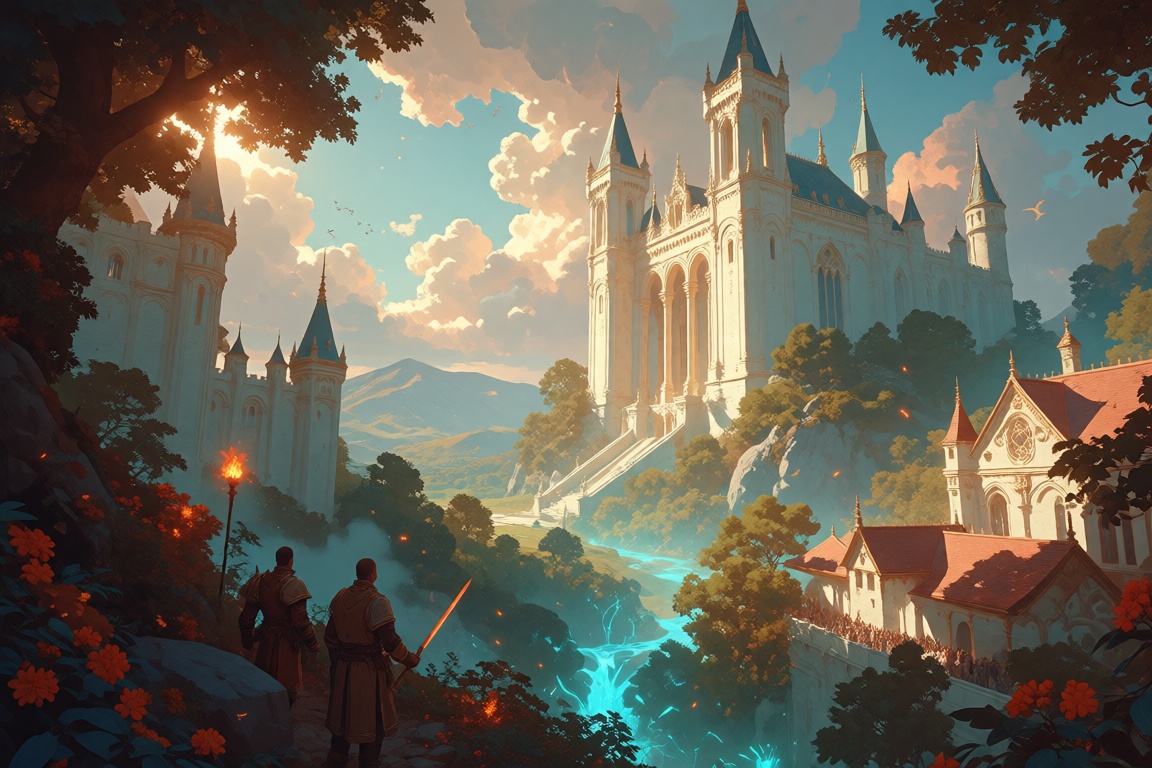 Create a detailed kingdom set in a medieval fantasy world,  featuring grand castles with towering spires,  lush forests on...