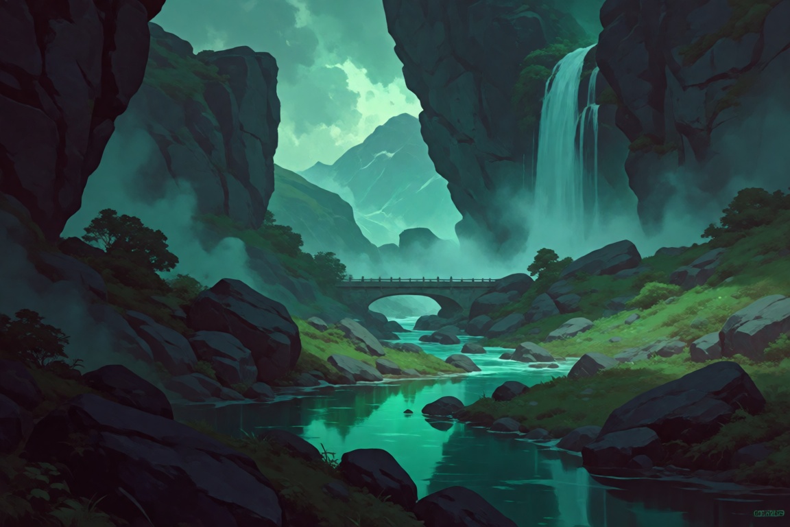 The image depicts a serene and mystical landscape with towering cliffs and lush greenery. In the foreground,  there are ro...