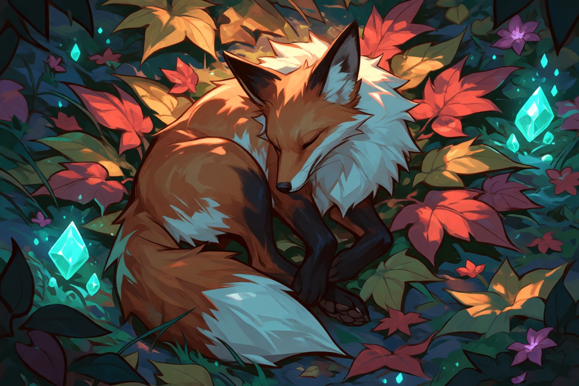 Create a top-down view of a fox sleeping on a pile of leaves on the ground. Use paddled lighting to highlight the fox’s wh...