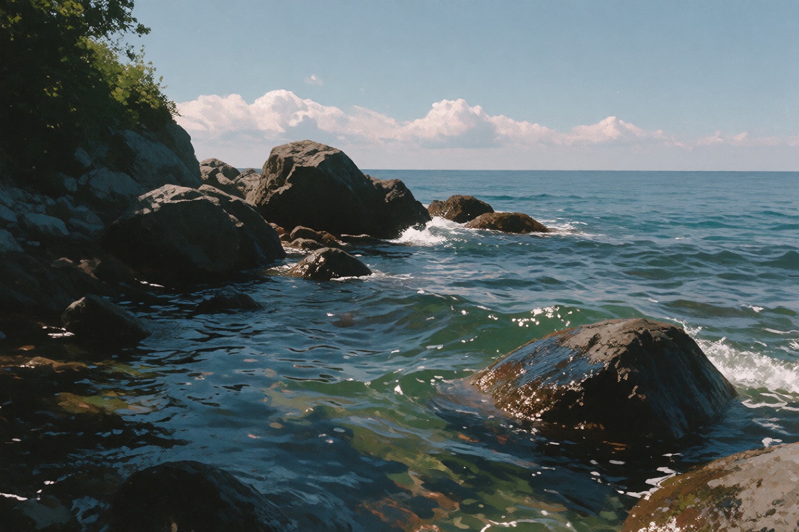 The image depicts a serene coastal scene with a rocky shoreline and a body of water. The rocks are dark and rugged,  with...