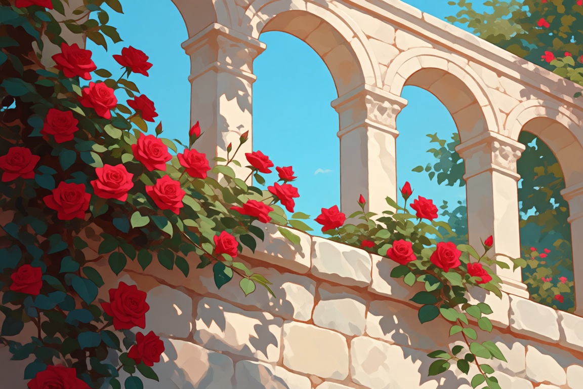 The image depicts a scene of a stone wall adorned with vibrant red roses. The roses are lush and appear to be climbing up...