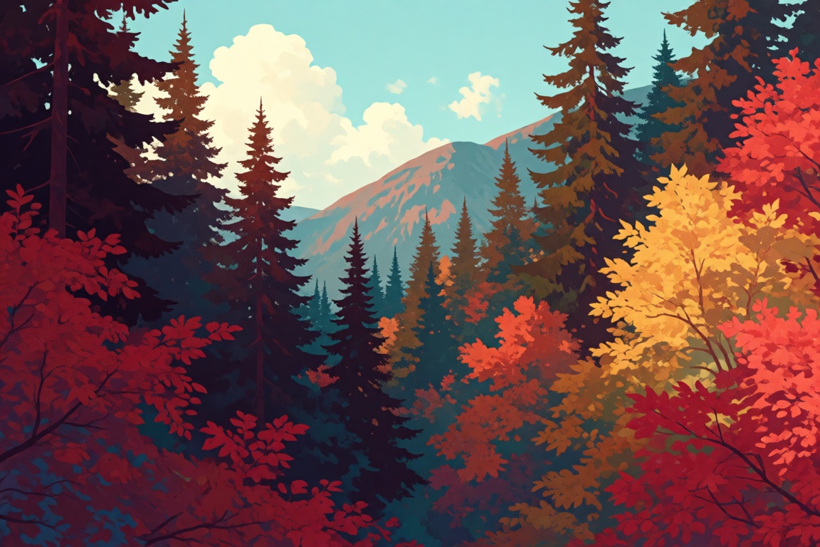The image depicts a vibrant forest scene with a rich palette of autumn colors. The foreground is filled with dense foliage...