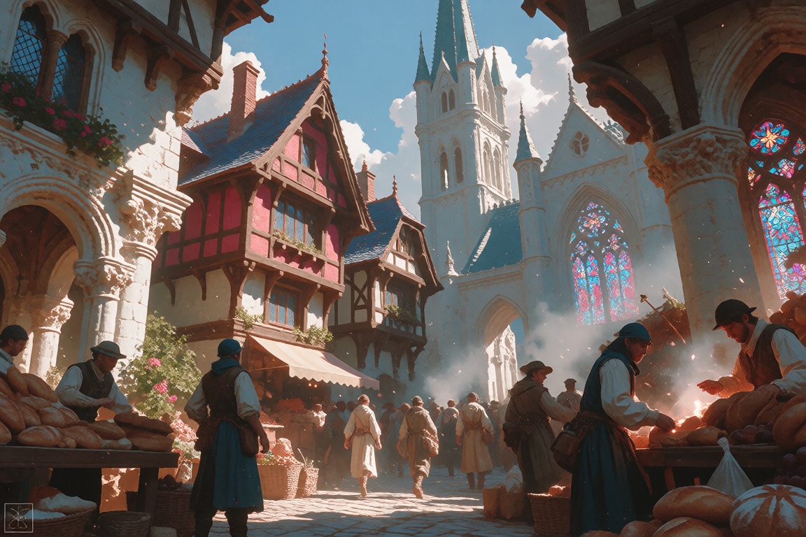 Create a fantasy aesthetic centered around the bustling heart of a medieval town. Imagine vibrant,  colorful buildings wit...