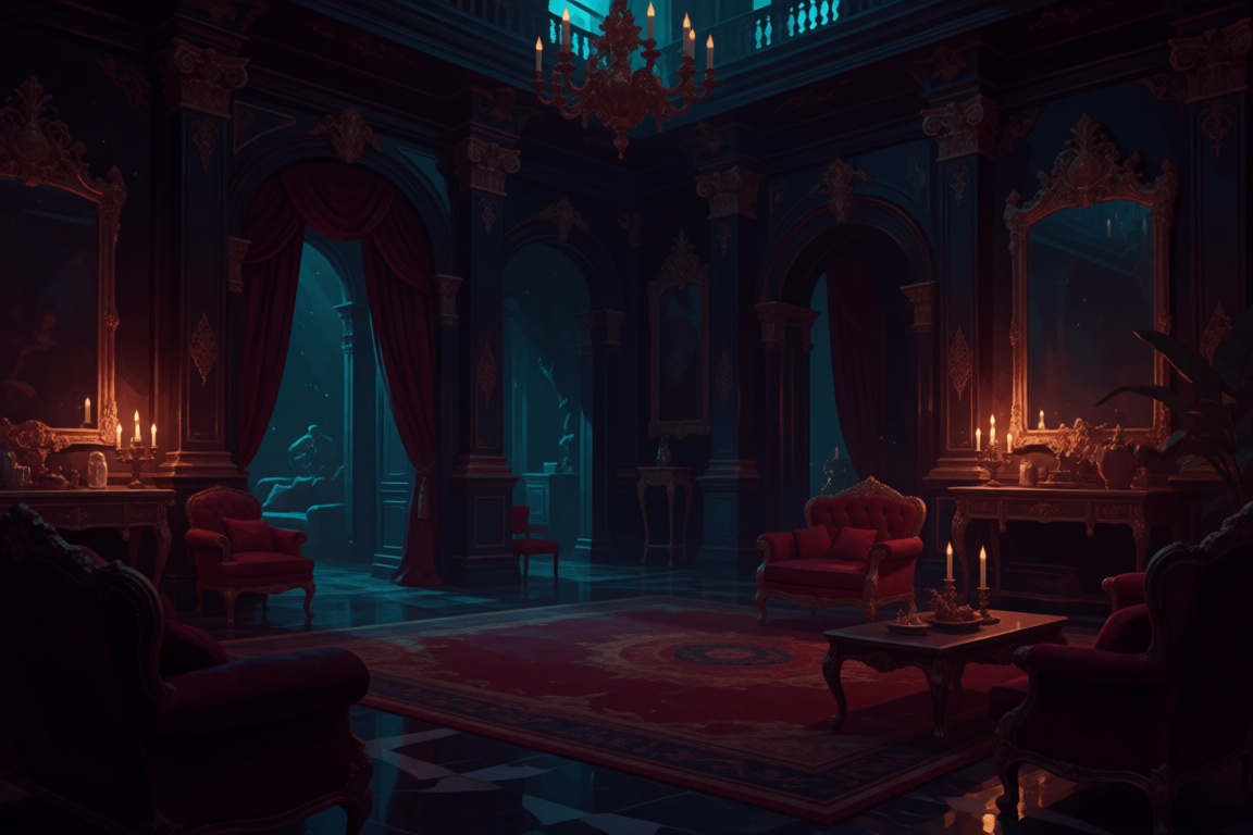 Create an indoor scene in a luxurious mansion with dark lighting,  emphasizing opulent decor and rich textures. Use deep s...