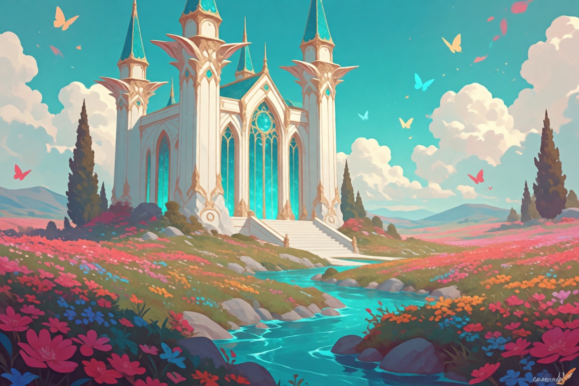 Create a wallpaper featuring a colorful fantasy background with an elven white castle standing in an open flower field. Th...