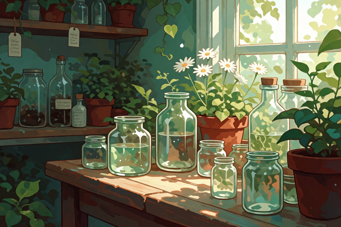 The image depicts a serene indoor garden or greenhouse setting. The foreground features a wooden table cluttered with vari...