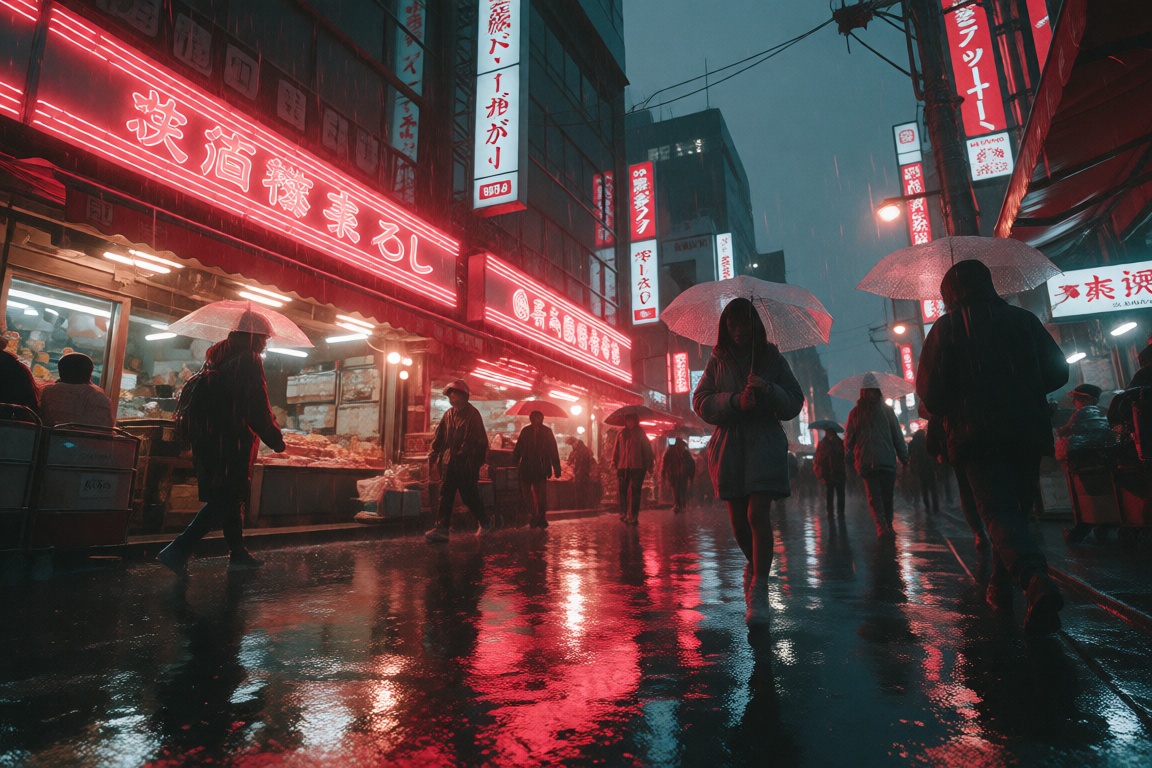 Create a scene set in a bustling Japanese street during the rainy season,  where vibrant red lights illuminate the downtow...