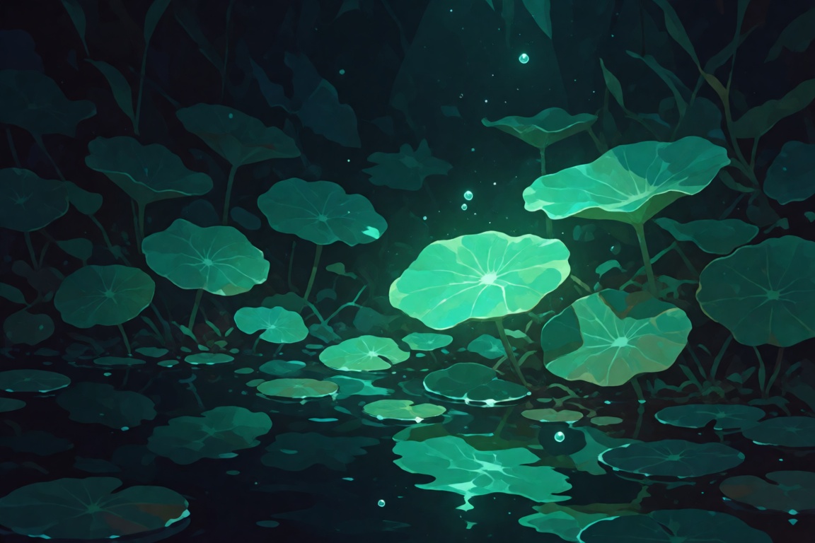 The image depicts a serene underwater scene illuminated by a soft,  greenish light. Large,  round leaves float gently in t...