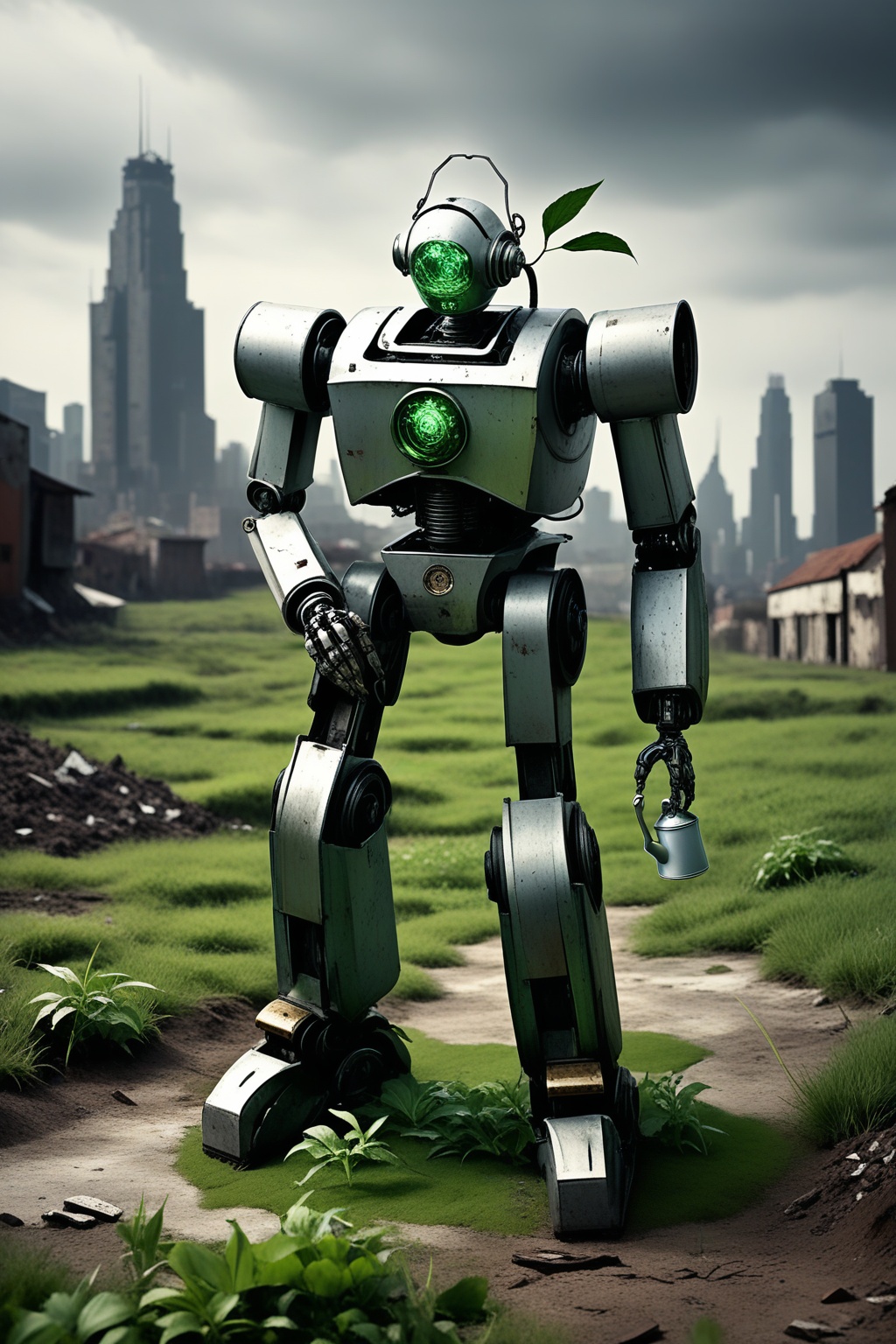 score_9,  score_8_up,  A small weathered humanoid robot kneels alone in a vast dry wasteland. Its rounded ivory metal body...