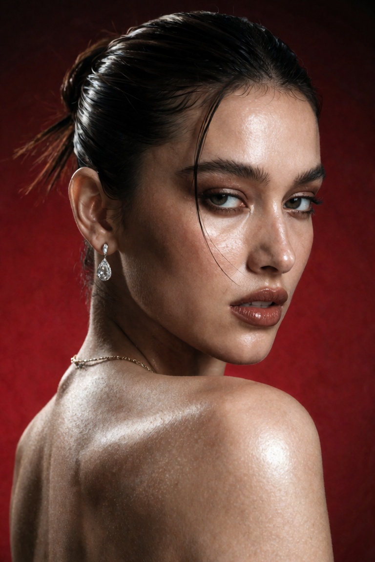 High-end studio beauty editorial of an ***** woman,  framed head to bare shoulders,  turning back over her right shoulder...