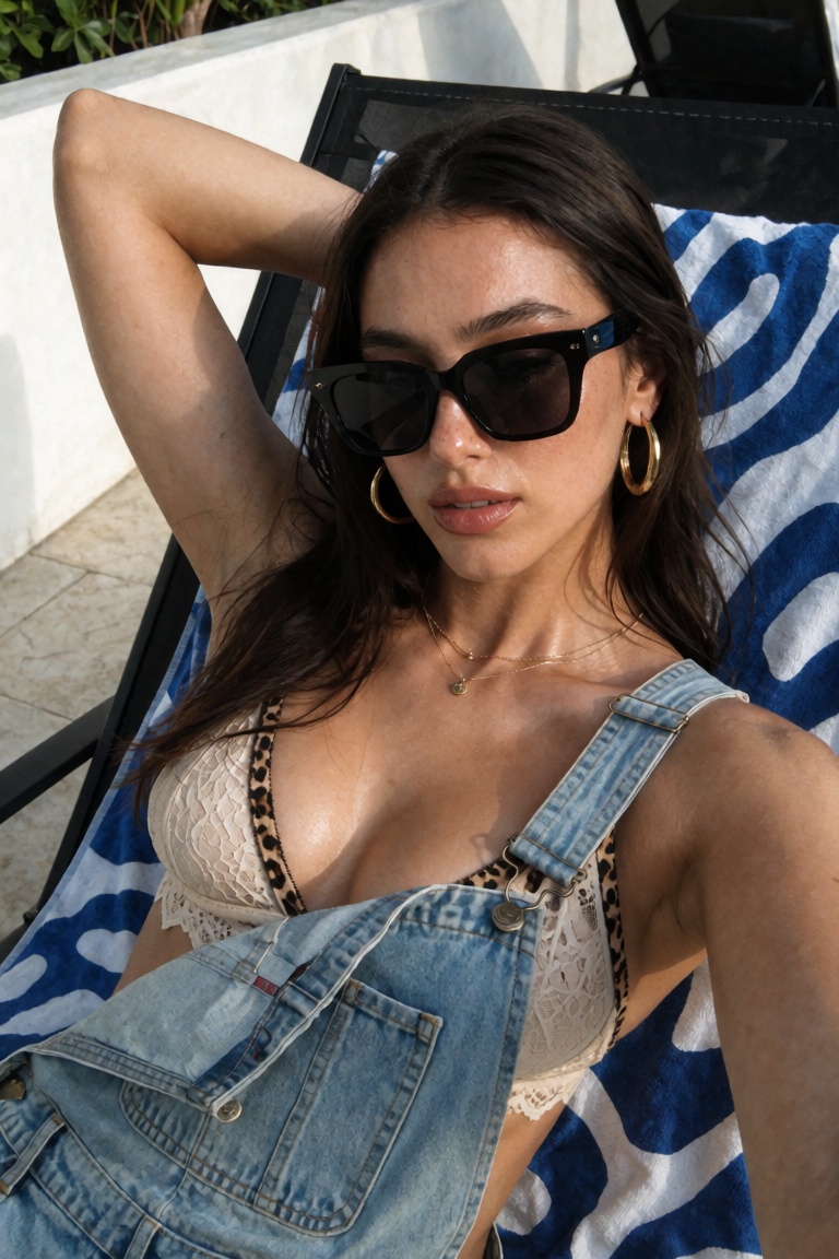 Candid documentary-style UGC smartphone summer snapshot of a young woman reclining on a lounge chair,  one arm raised and...