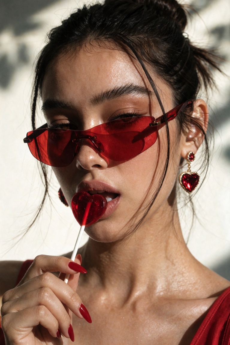 Candid UGC smartphone candy-pop beauty snapshot of a young woman in an extreme close-up facing the camera with a calm sult...