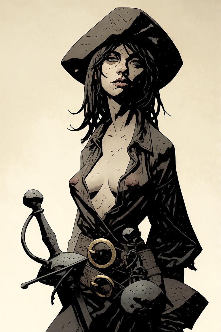 A highly detailed image of a young female musketeer with long,  dark blond,  tousled hair and intense on Tensor.Art