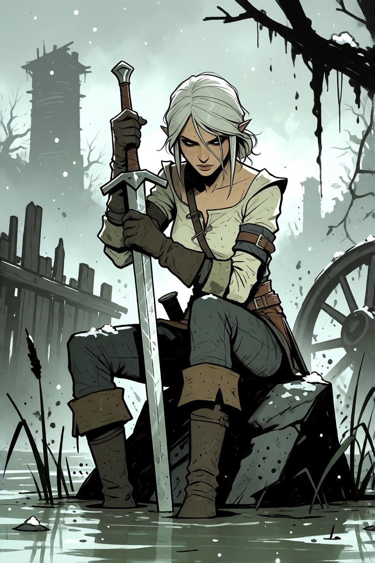 dark fantasy graphic novel illustration,  muted cold palette with ink outlines,  ***** Ciri sitting on a wet black rock in...
