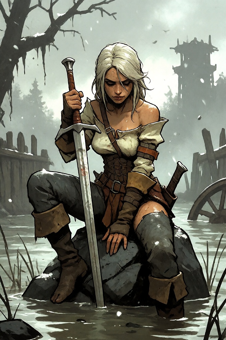 dark fantasy graphic novel illustration,  muted cold palette with ink outlines,  ***** Ciri sitting on a wet black rock in...