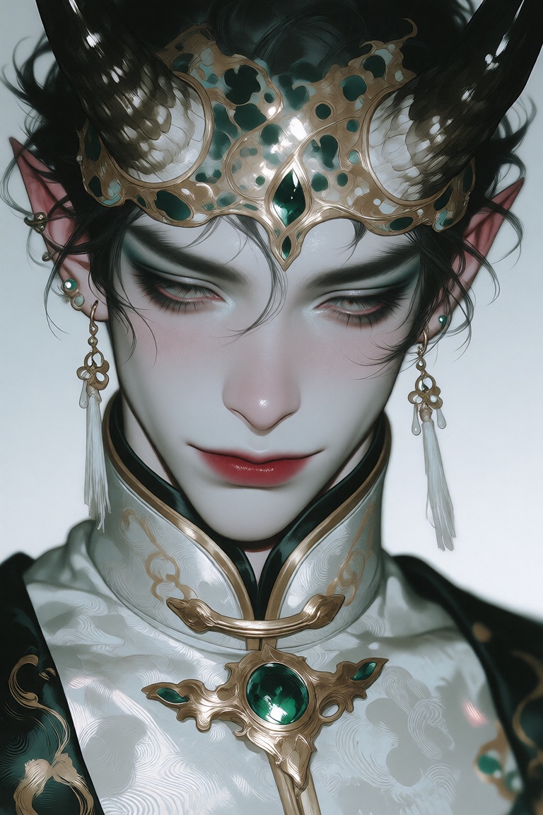 The image depicts a highly stylized and intricate character with a pale complexion and striking facial features. The chara...