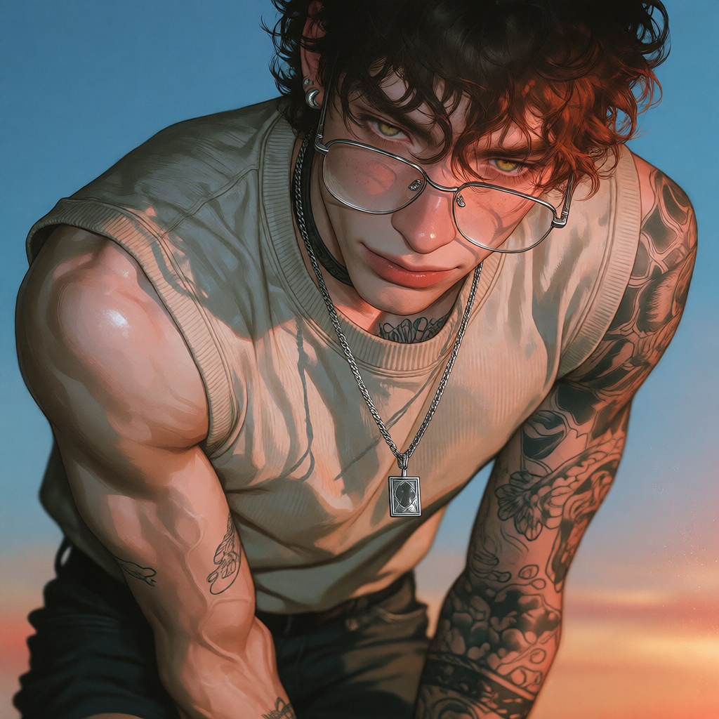 The image depicts a person with curly hair wearing glasses,  a sleeveless top,  and a necklace with a pendant. The individ...