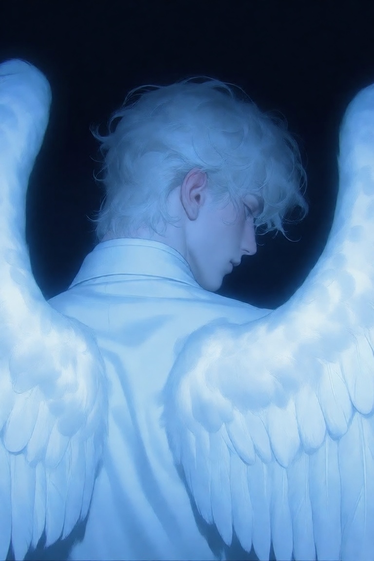 The image depicts a serene and ethereal scene with a person adorned in large,  white,  angelic wings. The background is a...