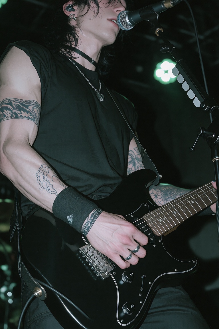 The image depicts a person playing an electric guitar on stage. The individual has long,  dark hair and is wearing a black...