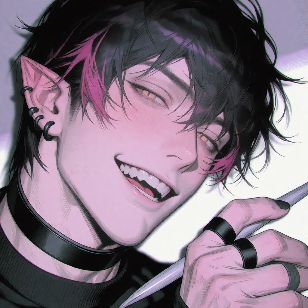 The image depicts a stylized,  anime-style character with short dark hair,  accented with pink highlights. The character h...