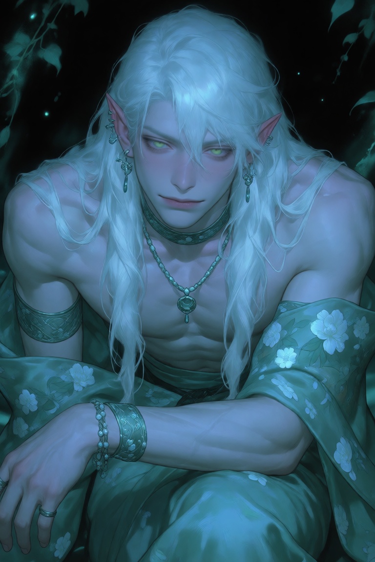 The image depicts a fantastical character with long,  flowing white hair and pointed ears,  suggesting an elven or similar...