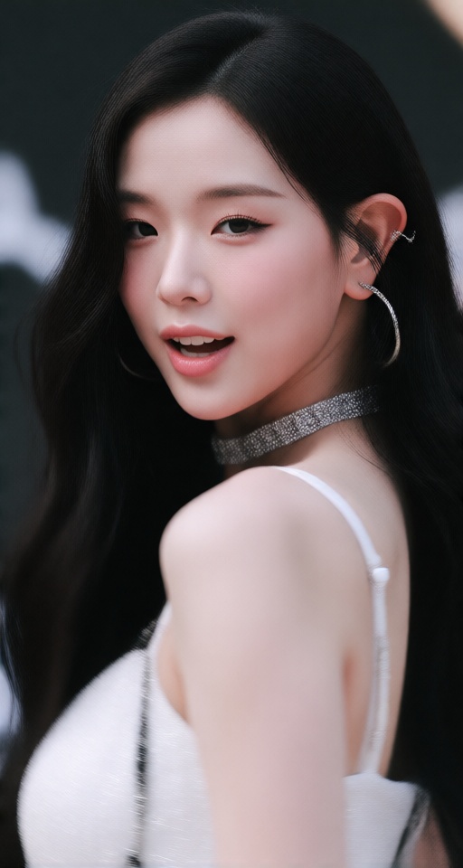 1girl solo long hair looking at viewer smile black hair dress jewelry upper body earrings sleeveless choker looking back w...