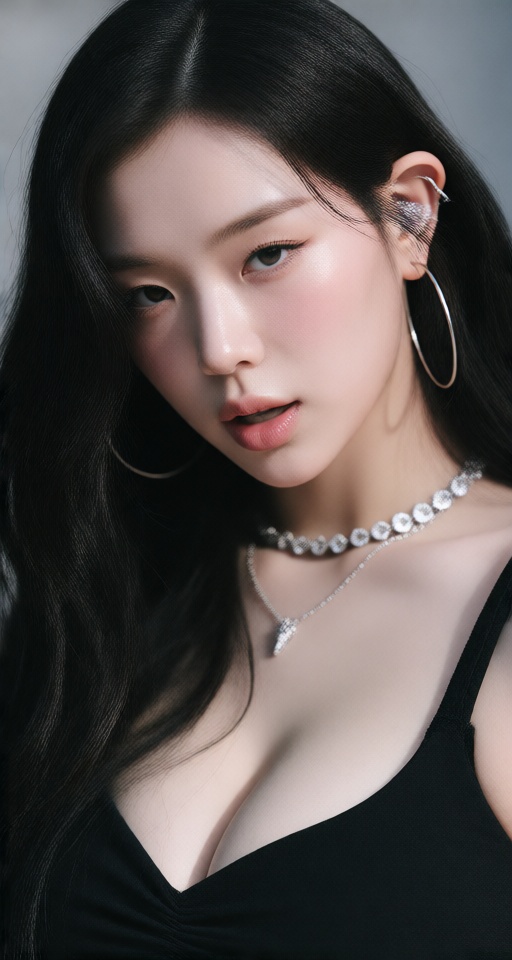 1girl solo long hair looking at viewer black hair cleavage jewelry upper body earrings black eyes lips hoop earrings reali...