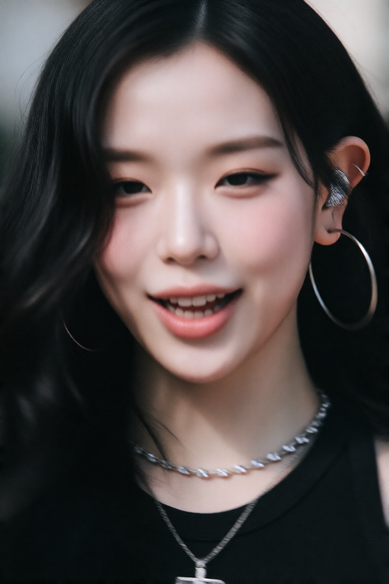 1girl solo long hair smile black hair jewelry closed mouth earrings blurry black eyes lips portrait hoop earrings realisti...