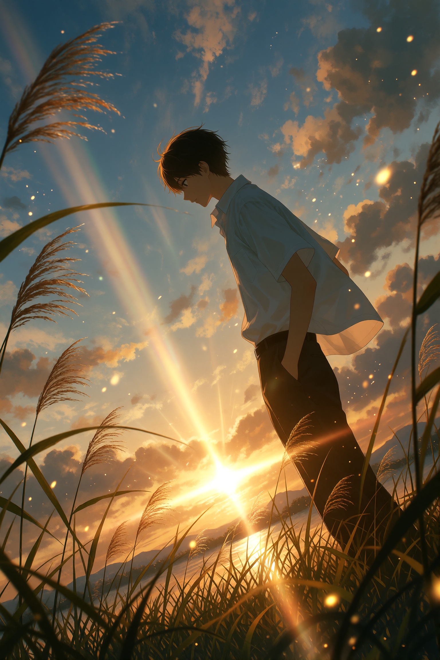 highres,  absurdres,  @H4LPH4S9 A young man with dark hair stands in profile on a grassy hillside at golden hour on Tensor...