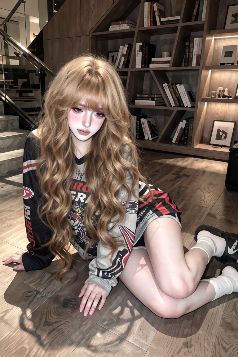 Full-body portrait of a young woman. Angle: High-angle shot. Pose: Reclining casually on a wooden floor,  leaning back on...
