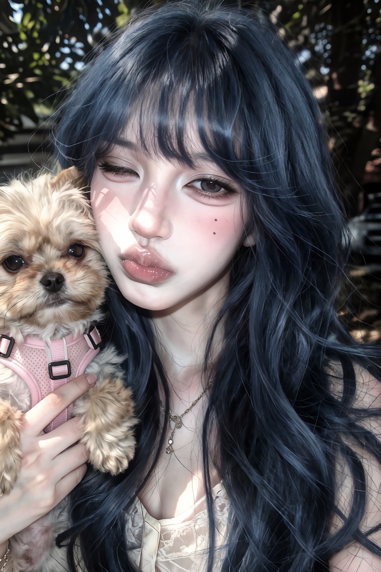 Close-up portrait of a young woman. Angle: Eye-level selfie shot. Pose: Holding a fluffy dog wearing a pink harness close...