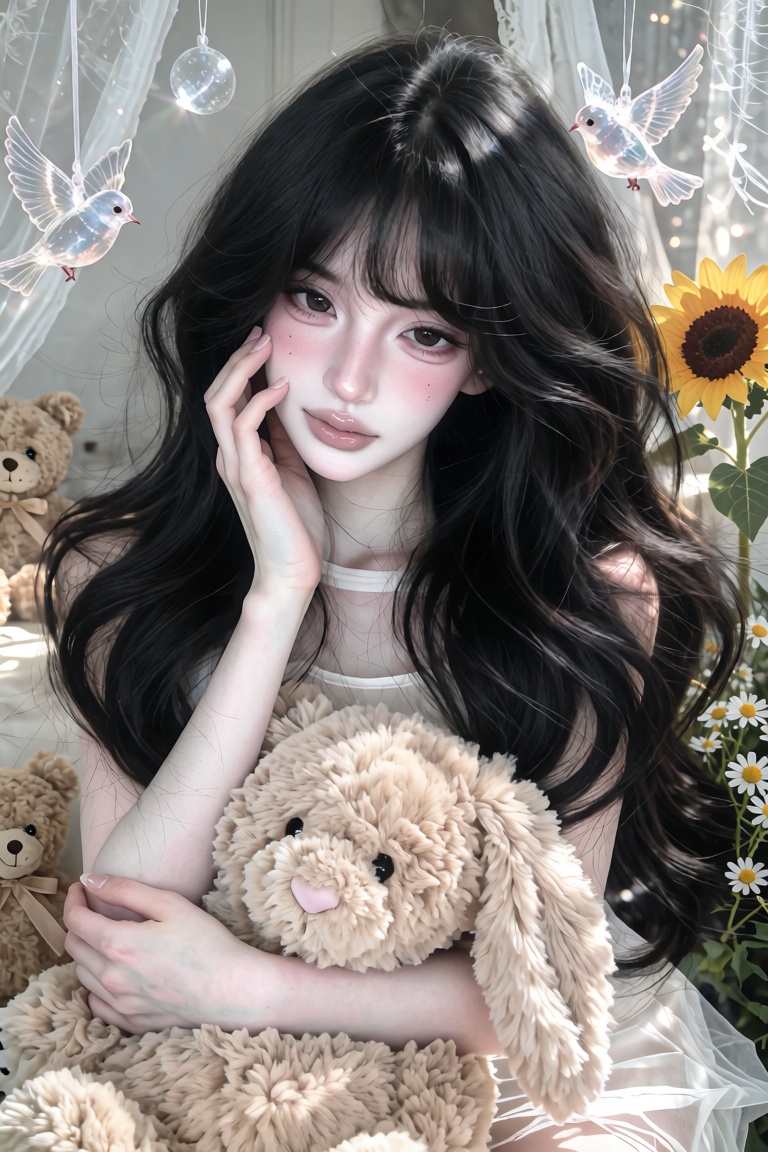 Medium portrait of a young woman. Angle: Eye-level shot. Pose: Tilting her head while cradling a large fluffy plush bunny...