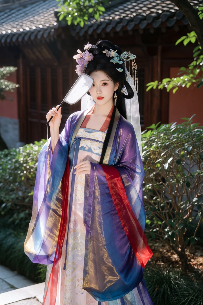 the image portrays a woman dressed in an elaborate traditional chinese hanfu,  standing gracefully in a serene outdoor set...