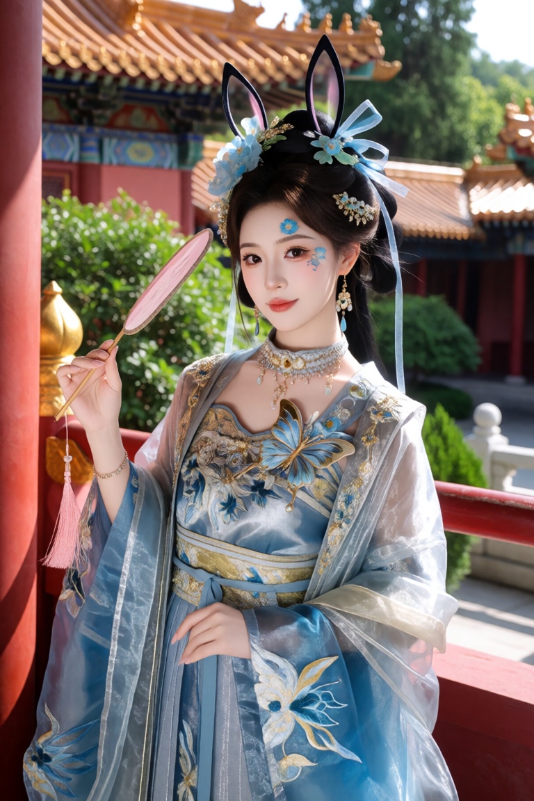 the image portrays a woman dressed in an elaborate traditional chinese hanfu-style outfit,  predominantly in shades of blu...