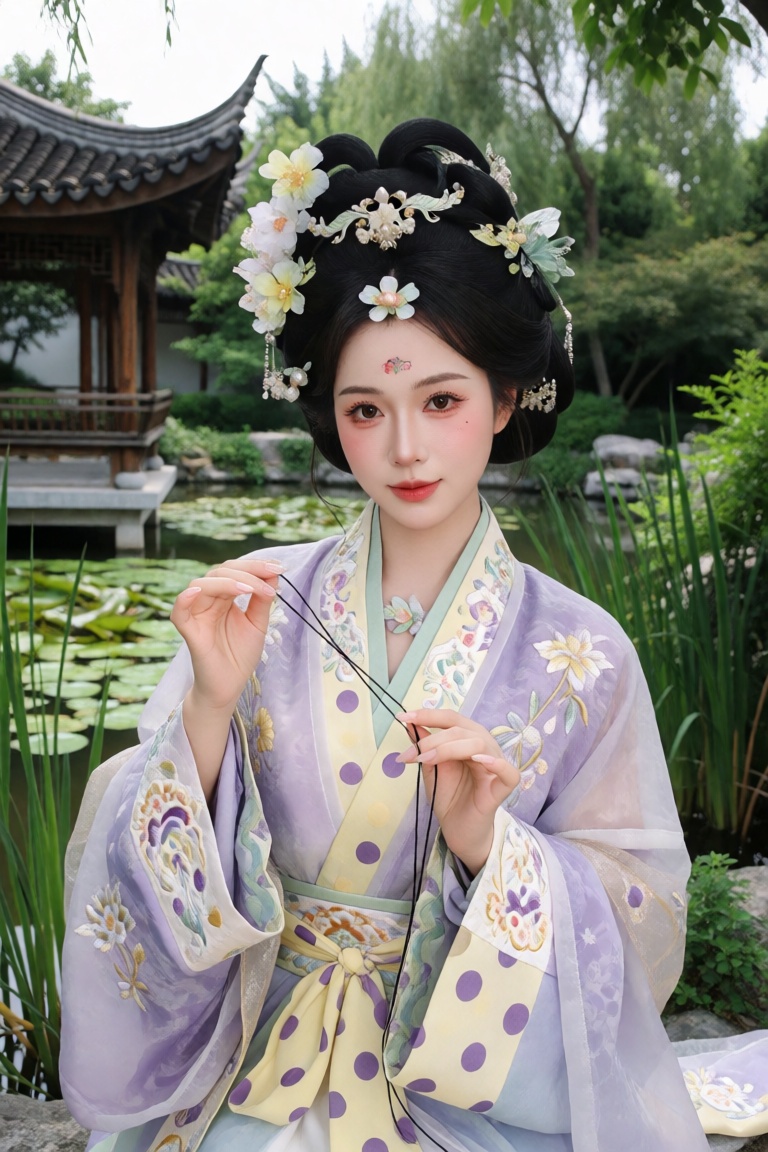 the image portrays a woman dressed in an elegant traditional chinese hanfu,  featuring soft lavender and cream hues with i...