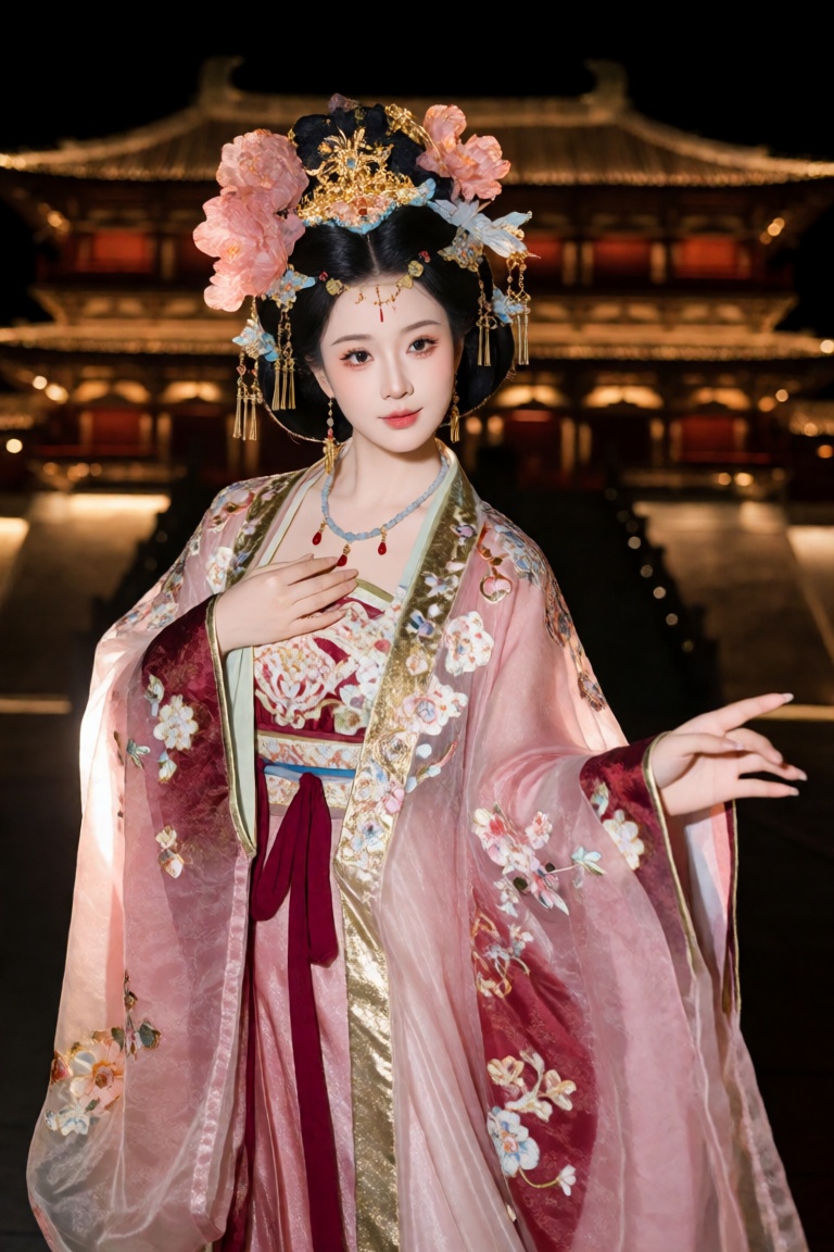 the image captures a woman in an elaborate traditional chinese hanfu outfit,  set against the backdrop of a grand,  illumi...